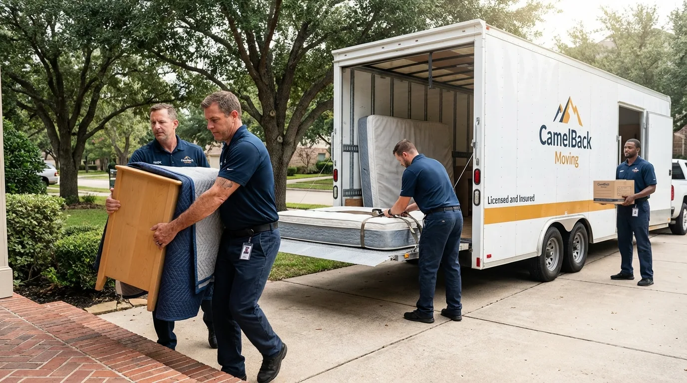 Crew loading residential truck for cross-state move from Long Beach, CA
