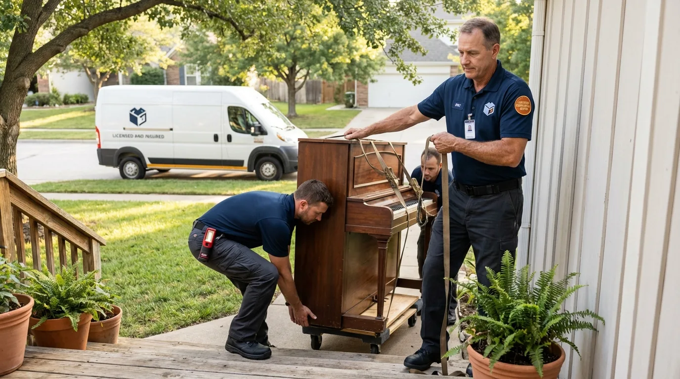 Licensed piano movers securing grand piano in Long Beach, CA
