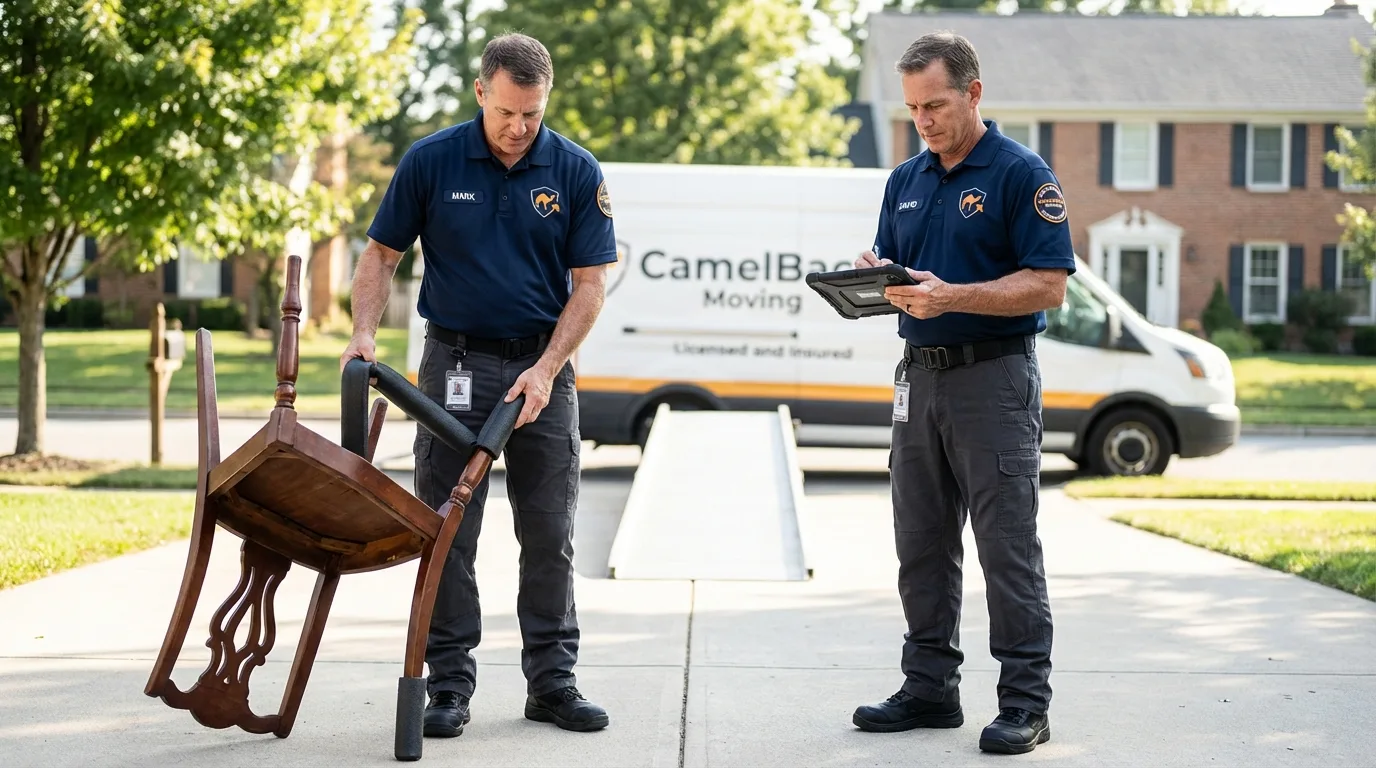 Movers inspecting furniture for damage prevention before loading in Long Beach, CA